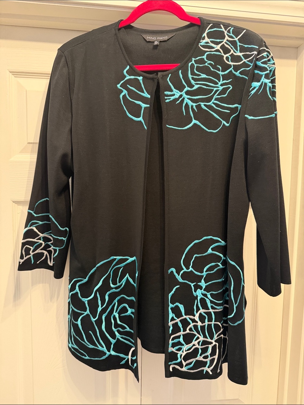 Ming Wang Black Open-Front Jacket with Teal Floral Embroidery
